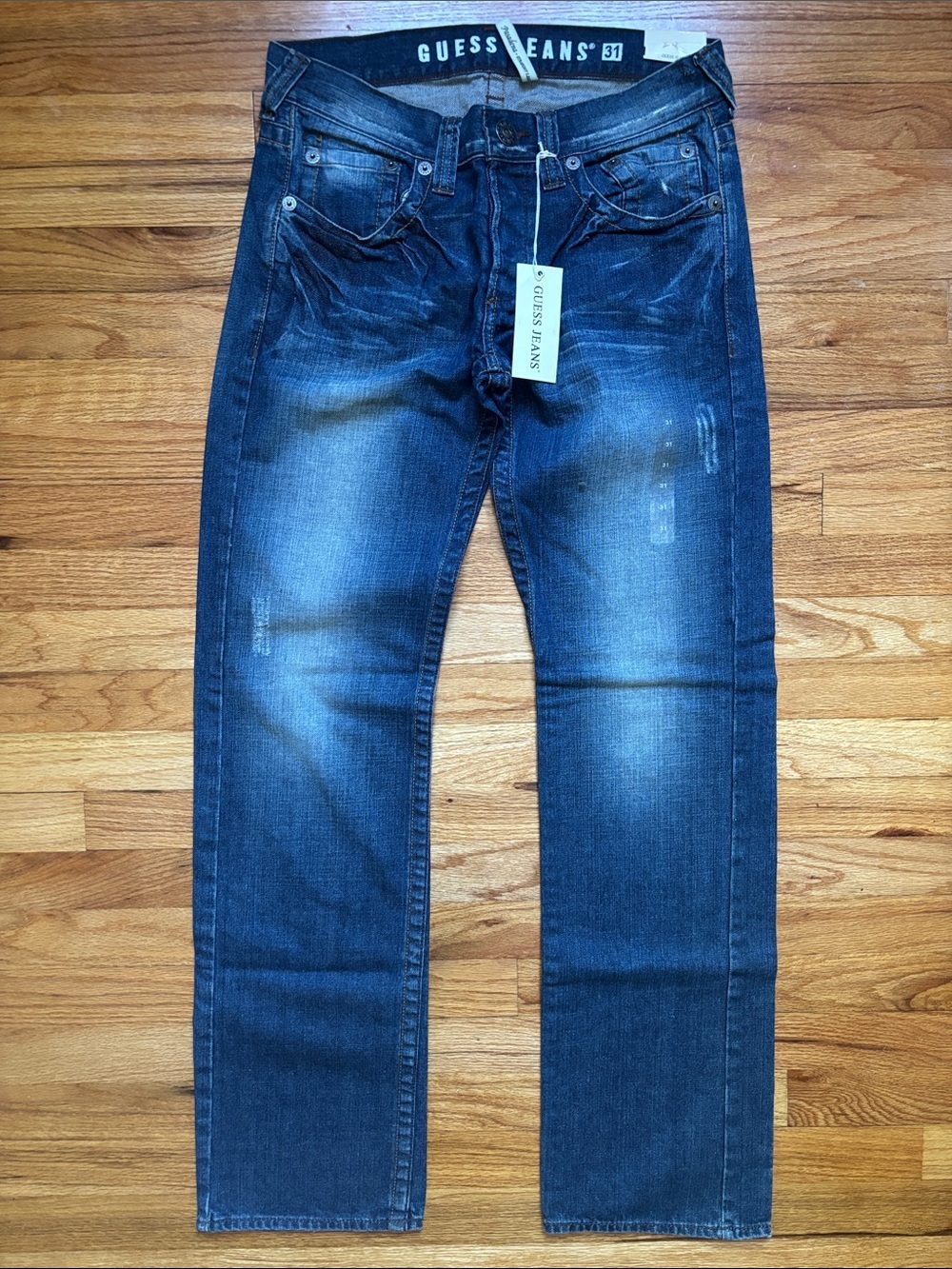 GUESS Men’s Blue Slim Straight Jeans with Faded Wash 31x34 Button Fly